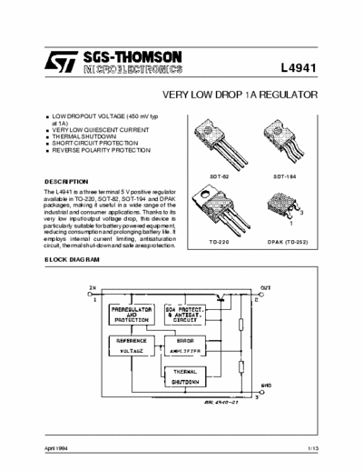 SGS-Thomson L4941 Very low drop 1A regulator
