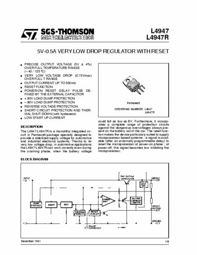 SGS-Thomson L4947 L4947 & L4947R 5V-0.5A very low drop regulator with reset