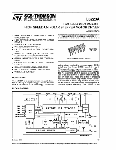 SGS-Thomson L6223A DMOS PROGRAMMABLE
HIGH SPEED UNIPOLAR STEPPER MOTOR DRIVER