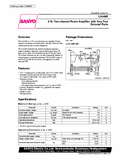 SANYO LA4485 5 W, Two-channel Power Amplifier