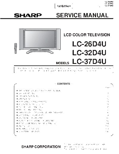 Sharp LC-26D4U 108 page service manual for Sharp 26, 32 & 37 inch LCD color TV (NTSC) model #