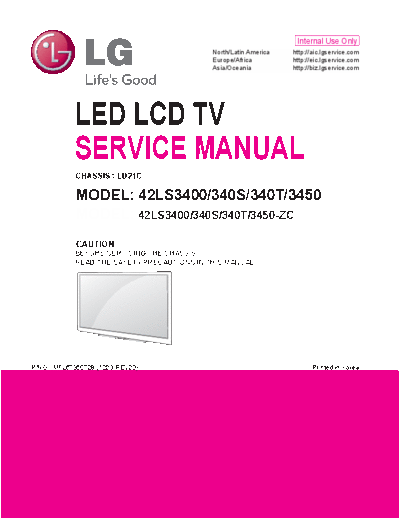 LG 42LS3400/340S/340T/3450 Service manual LCD/LG
42LS3400/340S/340T/3450