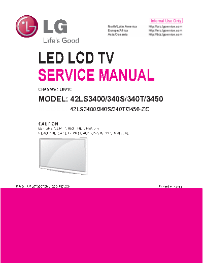 LG 42LS3400/340S/340T/3450 Service manual LCD/LG
42LS3400/340S/340T/3450