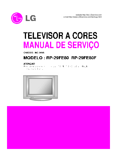 LG RP-29FE80, RP-29FE80F Service manual for the TV sets LG RP-29FE80 & RP-29FE80F.