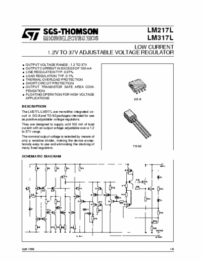 SGS-Thomson LM317L LM317L LM217L Low current 1.2V to 37V adjustable voltage regulator