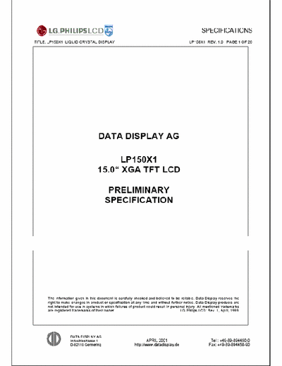 lg lp150x1 Data Display AG
LP150X1 15.0" XGA TFT LCD
Preliminary Specification