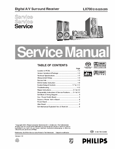 Philips LX700 Philips Digital A/V Surround Receiver
Models: LX700
Service Manual