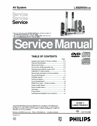 Philips LX8200SA Philips AV System
Model: LX8200SA
Service Manual