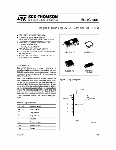 SGS-Thomson M27C1001 CMOS,1MBit(128kx8 Bit),UV EPROM and OTP ROM,100nS,32-DIP