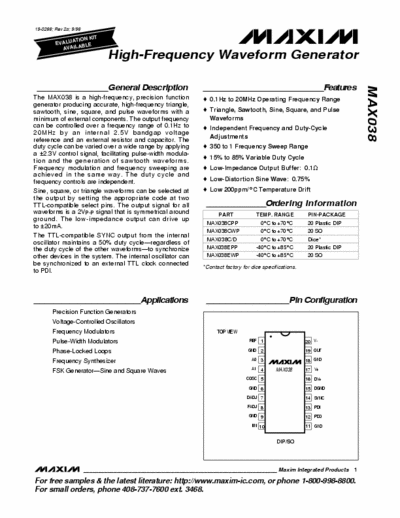 Maxim MAX038 High-frequency waveform generator