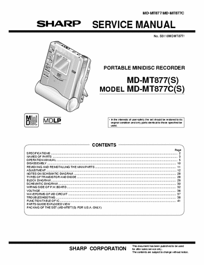 Sharp MD-MT877 MD-MT877(S)
MODEL MD-MT877C(S)
PORTABLE MINIDISC RECORDER - 
Service Manual