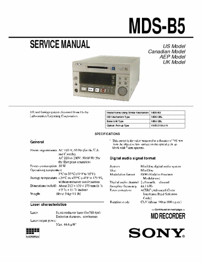 Sony MDS-B5 MDS-B5 MD Recorder
MiniDisc digital audio system
Service Manual
