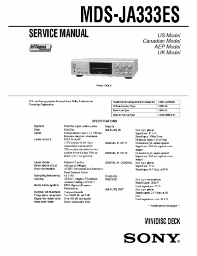 Sony MDS-JA333ES MDS-JA333ES MiniDisc Deck
MiniDisc digital audio system
Service Manual