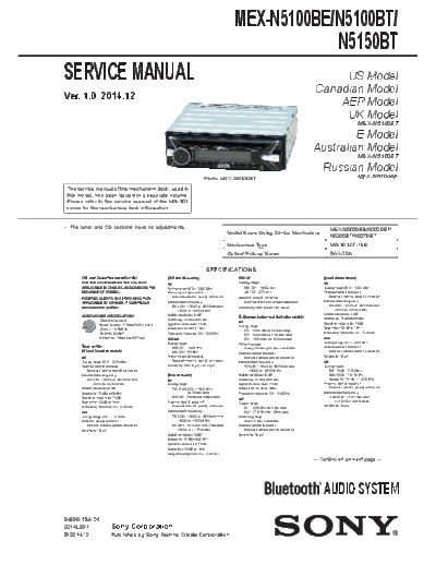 SONY MEX-N5100BT Service Manual for MEX-N5100BE/N5100BT/ N5150BT