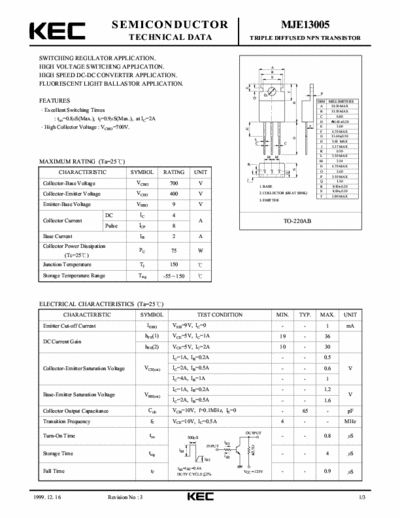 KEC MJE13005 Triple difused npn transistor