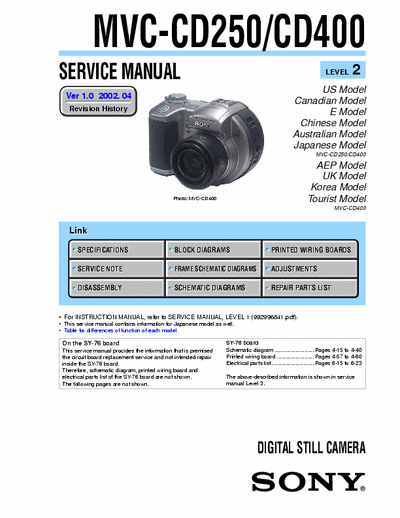 Sony MVC-CD250 124 page level 2 service manual for Sony digital camera model # MVC-CD250 & MVC-CD400