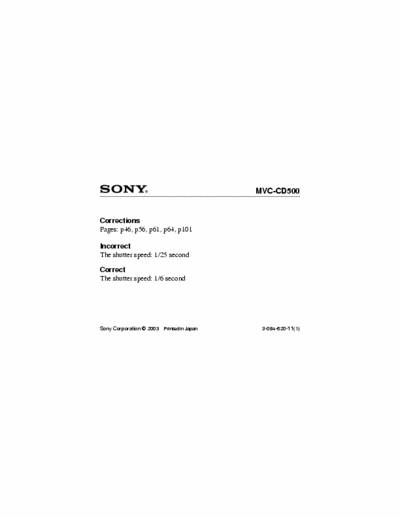 Sony MVC-CD500 Sony shutter speed documentation correction for Sony digital camera model # MVC-CD500