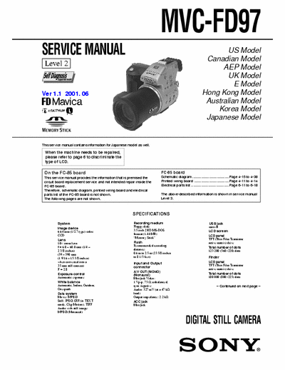 Sony MVCFD97 Part 1 of 7. Complete service manual for Sony Mavica MVC-FD97 digital camera.