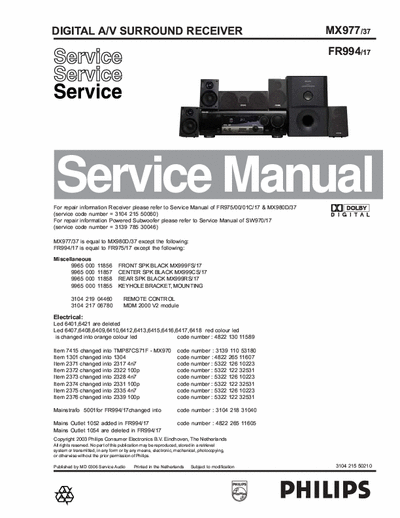 Philips MX977 Philips Digital Audio/Video Surround Receiver  Model: MX977, FR994
Service Manual