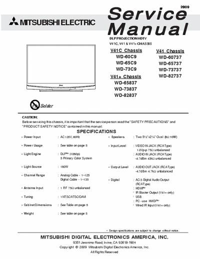 Mitsubishi WD-60C9 WD-65C9 WD-73C9 WD-65837 WD-73837 WD-82837 WD-60737 WD-65737 WD-73737 WD-82737 Service Manual for Mitsubishi V41C, V41 & V41+ Chassis
