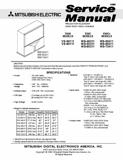 Mitsubishi VS-50111, VS-60111, WS-48311, WS-55411, WS-65411, WS-73411 Rear projection, hd1080