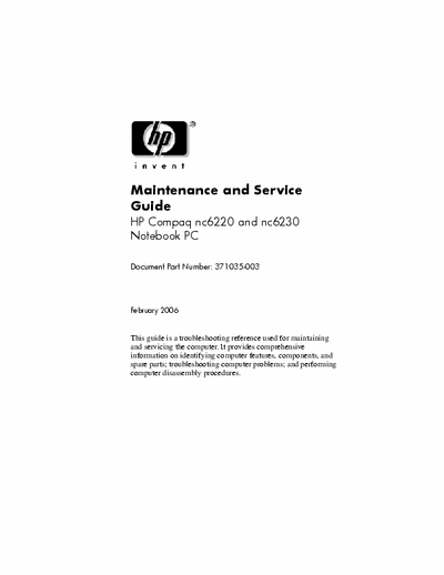HP/Compaq nc6220 / nc6230 Maintenance and Service Guide
HP Compaq nc6220 and nc6230 Notebook PC