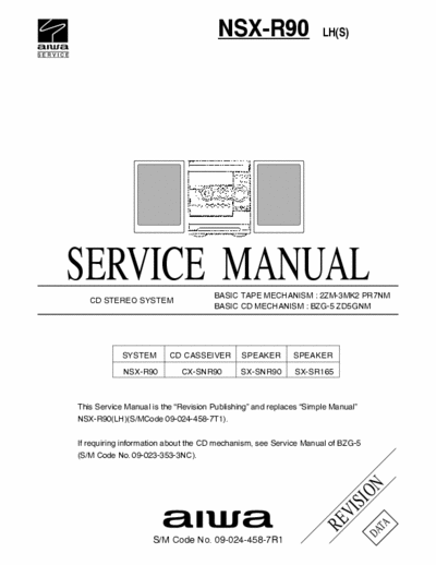 AIWA NSX-R90LH(S) CD STEREO SYSTEM
S/M Code No. 09-024-458-7R1
My fisrts upload.