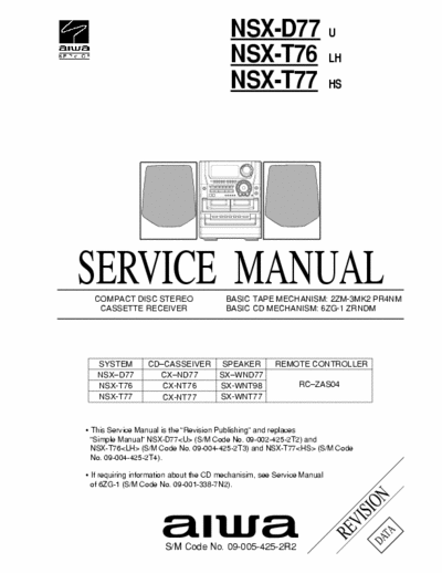 Aiwa NSX-T76  NSX-D77  NSX-T77 Service Manual Cd Stereo Cassette Receiver Type U, LH, HS (09-005-425-2R2) - Remote Controller RC-ZAS04 - (12.536Kb) Part 1/6 - pag. 48