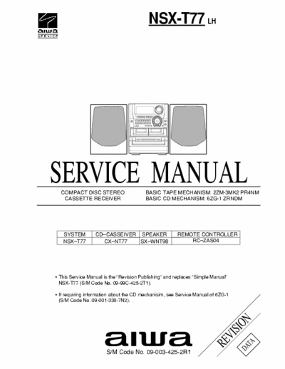 Aiwa NSX-T77 Service Manual Cd Stereo Cassette Receiver [Tape mech. 2ZM-3MK2 PR4NM, Cd Mech. 6ZG-1 ZRNDM] - [9.533Kb - Part 1/5] Pag. 42