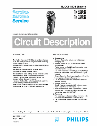 Philips HQ3865/B, HQ3465/B, HQ4845/B, HQ4885/B Service Manual Nudos NiCd Shavers 97/04 (99/01) - pag. 4