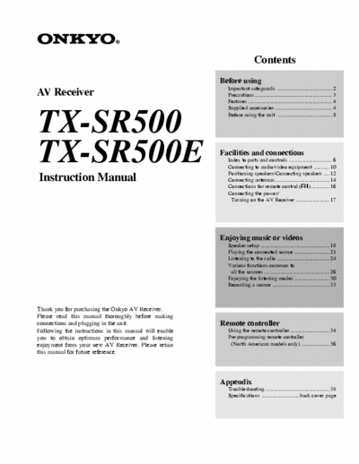 Onkyo TX-SR500(se) User manual of AV receiver Onkyo TX-SR500 + SE