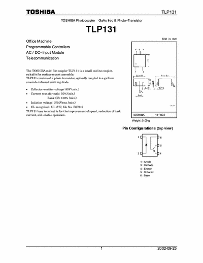 Toshiba TLP131 Optocoupler used to couple microprocessor and D/A in ABB commander 150 4-20mA input retransmission at its output