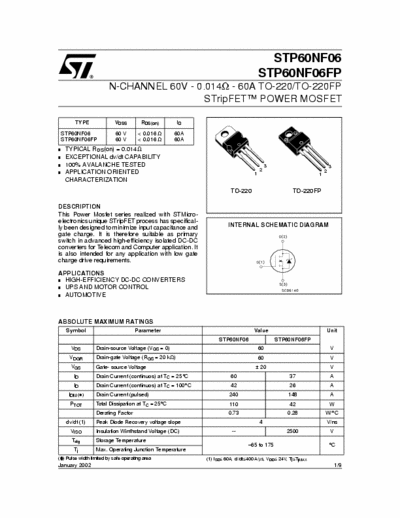 Computer power supply MosFet
DESCRIPTION
This Power Mosfet series realized with STMicroelectronics
unique STripFET process has specifically
been designed to minimize input capacitance and
gate charge. It is therefore suitable as primary
switch in advanced high-efficiency isolated DC-DC
converters for Telecom and Computer application. It
is also intended for any application with low gate
charge drive requirements.
INTERNAL SCHEMATIC DIAGRAM