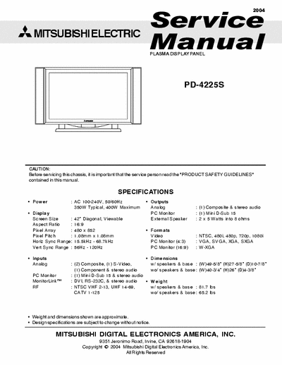 Mitsubishi PD-4225S Service Manual Tv Plasma 400W - (6.163Kb) Part 1/3 - pag. 37