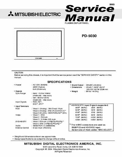Mitsubishi PD-5030 Service Manual Plasma Display Panel - (3.175Kb) Part 1/2 - pag. 66