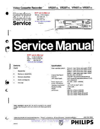 PHILIPS VR297 VR397 VR497 VR597 Service Manual