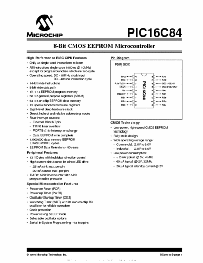 Microchip PIC16C84 CPU 8B 1MHZ 68RAM 1KEEPRO DIP18