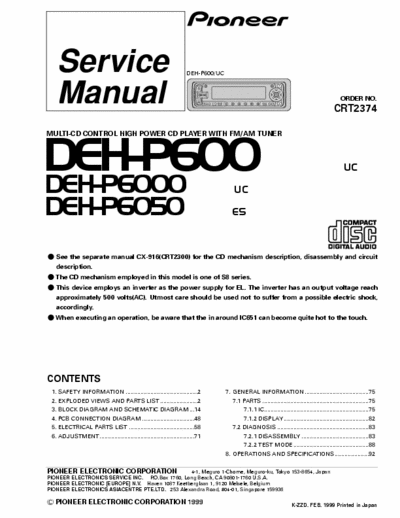 PIONEER DEH-P600 SERVICE MANUAL