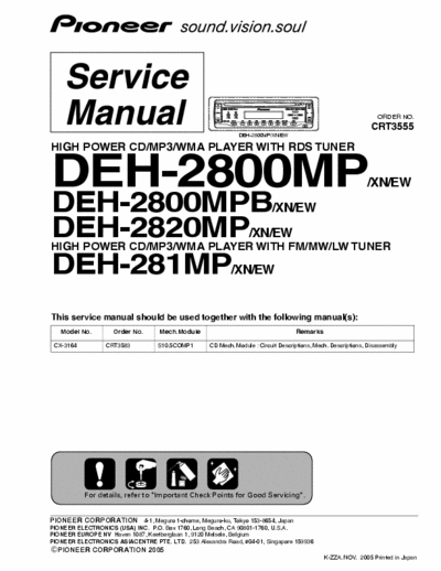 PIONEER DEH 2800MP 2800MPB 2820MP Service Manual