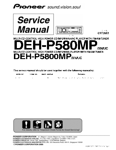 PIONEER DEH-P580MP DEH-P5800MP Servise Manual