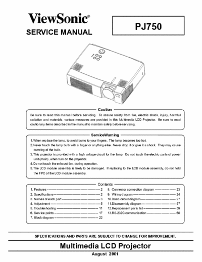 View Sonic PJ750 SERVICE MANUAL
for the RS232 CODE OF
Viewsonic PJ750