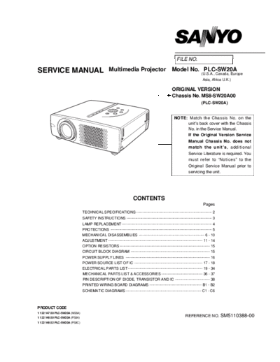 Sanyo PLC-SW20A Here is the Sanyo PLC-SW20A Service Manual