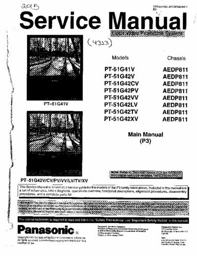 Panasonic PT-51G41V 7 files, 94 total pages, service manual / data for Panasonic color video projection system (TV) model #