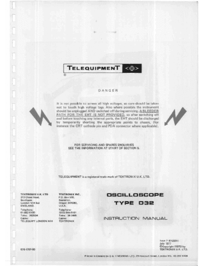 Telequipment D32 Operation, service and schematics manual for portable, battery operated dual channel Telequiment D32 oscilloscope.