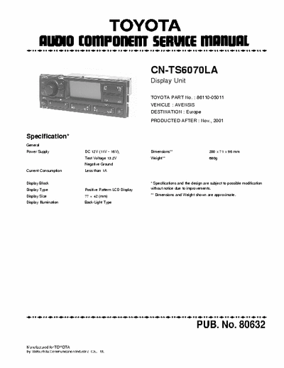 Panasonic CNTS6070 car radio (Toyota)