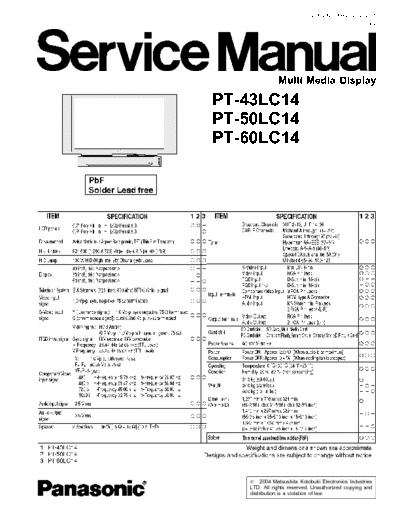 Panasonic PT-43LC14, PT-50LC14, PT-60LC14 Panasonic PT-43LC14, PT-50LC14, PT-60LC14 (Service Manual)