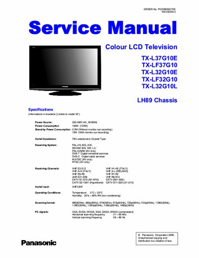 Panasonic TX-L37G10E, TX-LF37G10, TX-L32G10E, TX-LF32G10, TX-L32G10L Service Manual