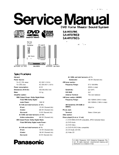 Service manual : Panasonic SA-HT870 Panasonic SA-HT870.part1.rar