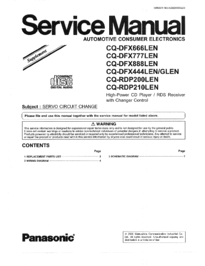 Panasonic CQ-DFX666LEN High-power CD player / RDS receiver with changer control
CQ-DFX666LEN
CQ-DFX777LEN
CQ-DFX888LEN
CQ-DFX444LEN/GLEN
CQ-RDP200LEN
CQ-RDP210LEN