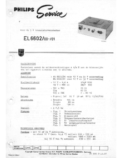 Philips EL6602 Philips EL6602 5Watt Transistor Amplifier Service Documentation and Schematic